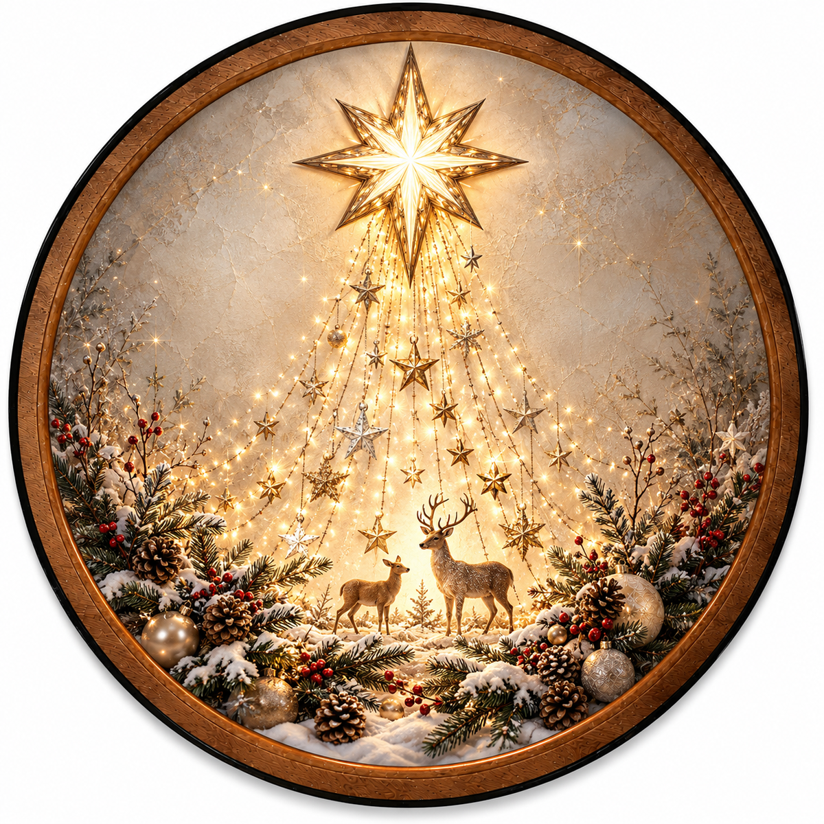Handcrafted Golden Christmas Star & Deer LED Wall Art