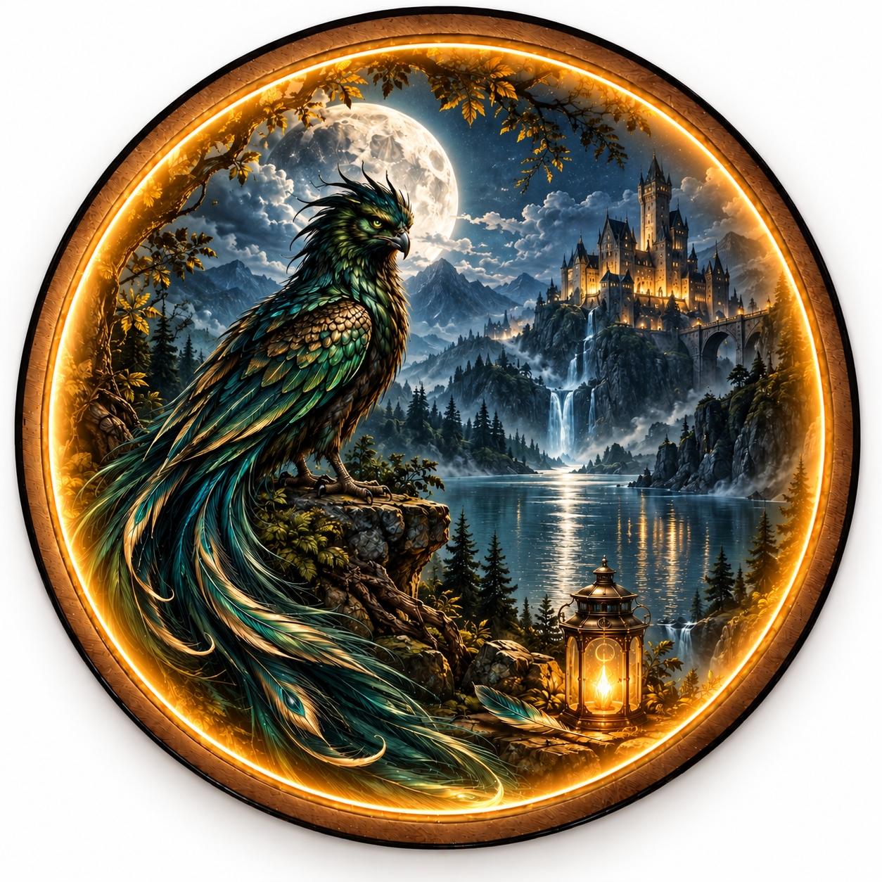 Emerald Bird LED Wall Art – Moonlit Castle Fantasy Decor