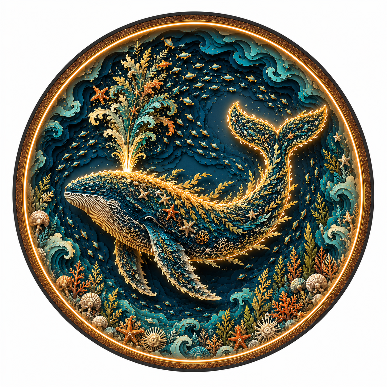 Majestic Ocean Whale LED Wall Art – Round Wooden Coastal Light Decor