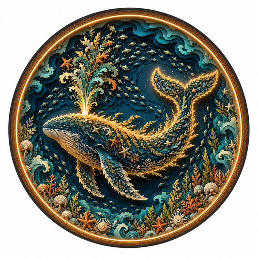 Majestic Ocean Whale LED Wall Art – Round Wooden Coastal Light Decor