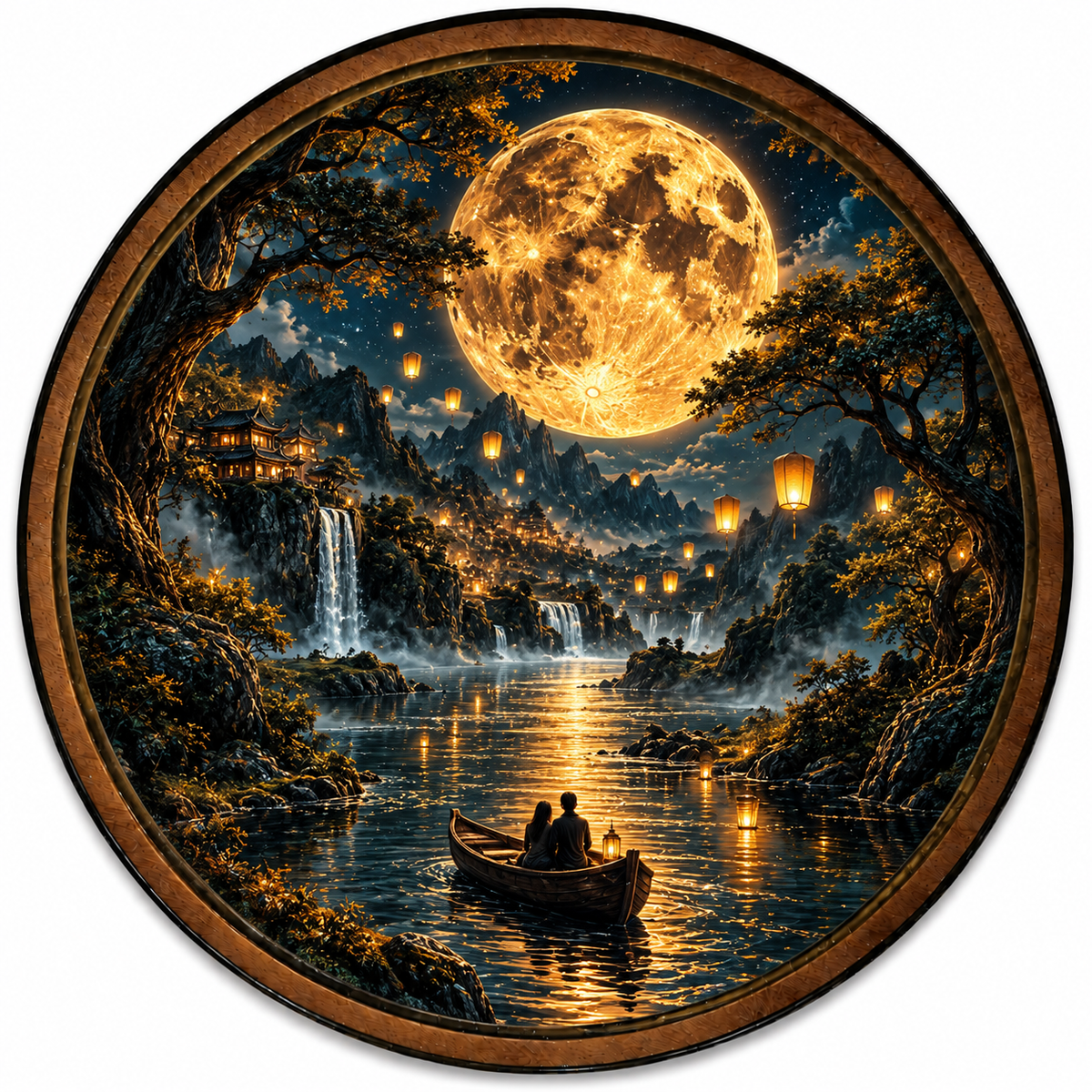 Handcrafted Golden Moon River LED Wall Art – Romantic Lantern-Lit Fantasy