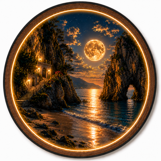 Moonlit Coastal Cliffs LED Wall Art – Round Illuminated Acrylic Landscape