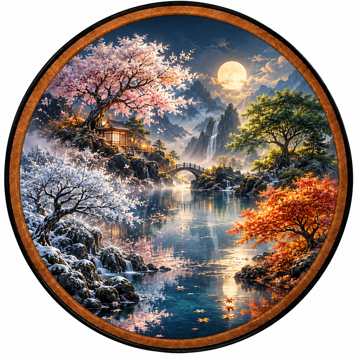 Four Seasons Moonlit Garden – Handcrafted Round LED Wall Art