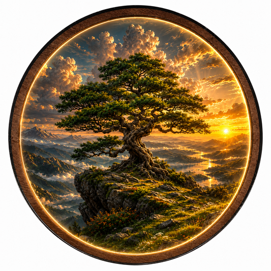 Ancient Bonsai Sunset LED Wall Art – Illuminated Nature Acrylic Decor