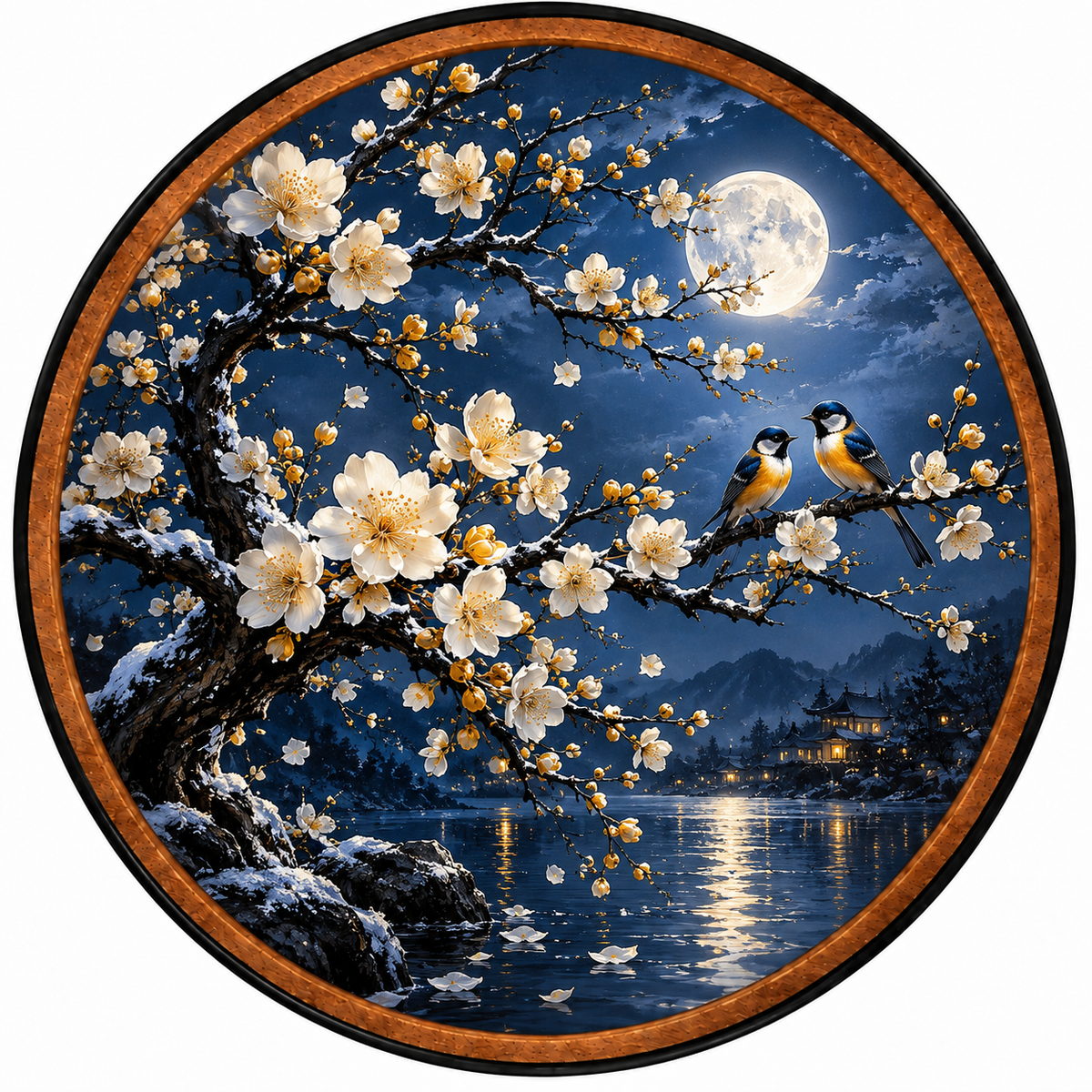 Moonlit Blossom & Lovebirds – Handcrafted Round LED Wall Art