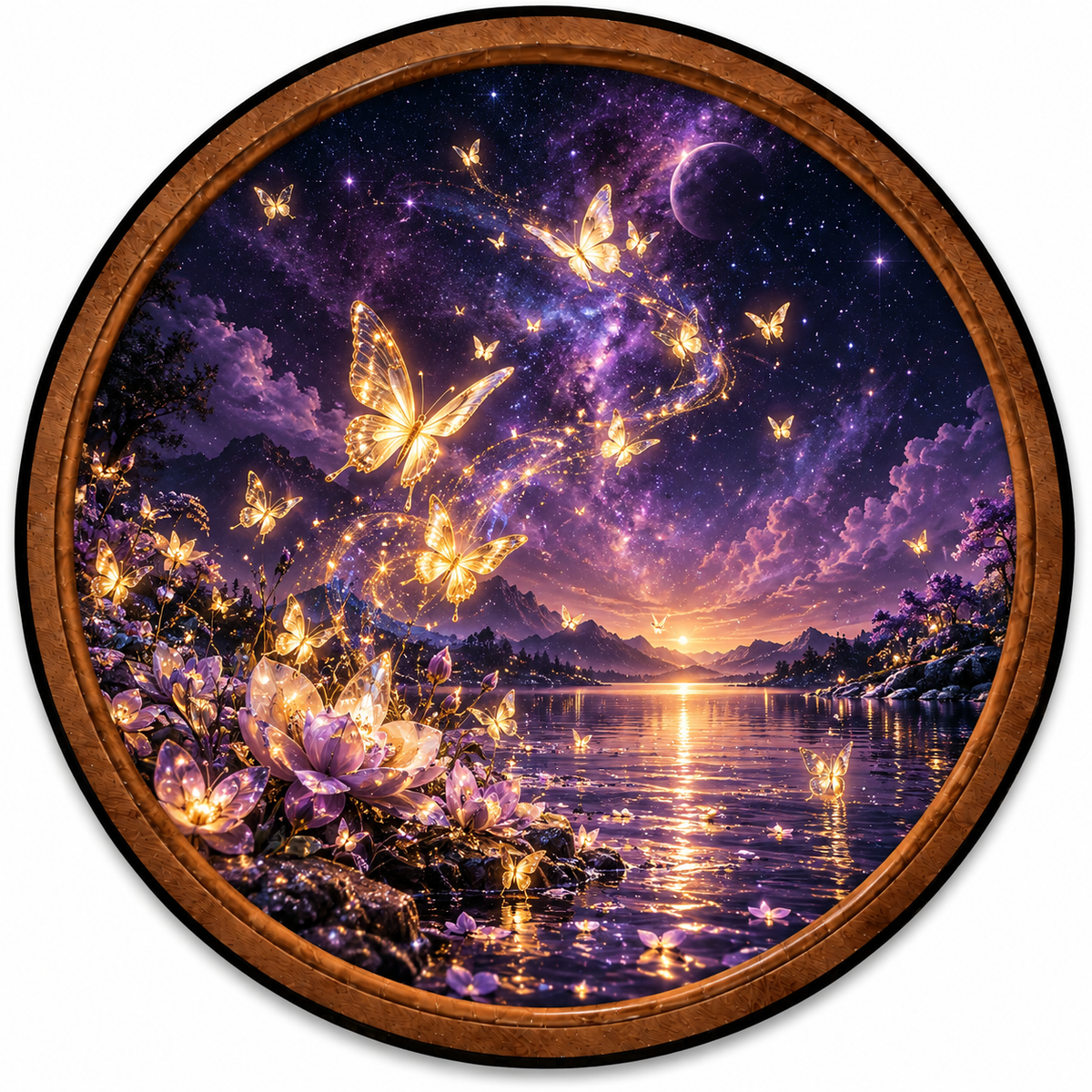Handcrafted Magical Butterfly LED Wall Art – Purple Galaxy, Golden Butterflies & Enchanted Lake Decor
