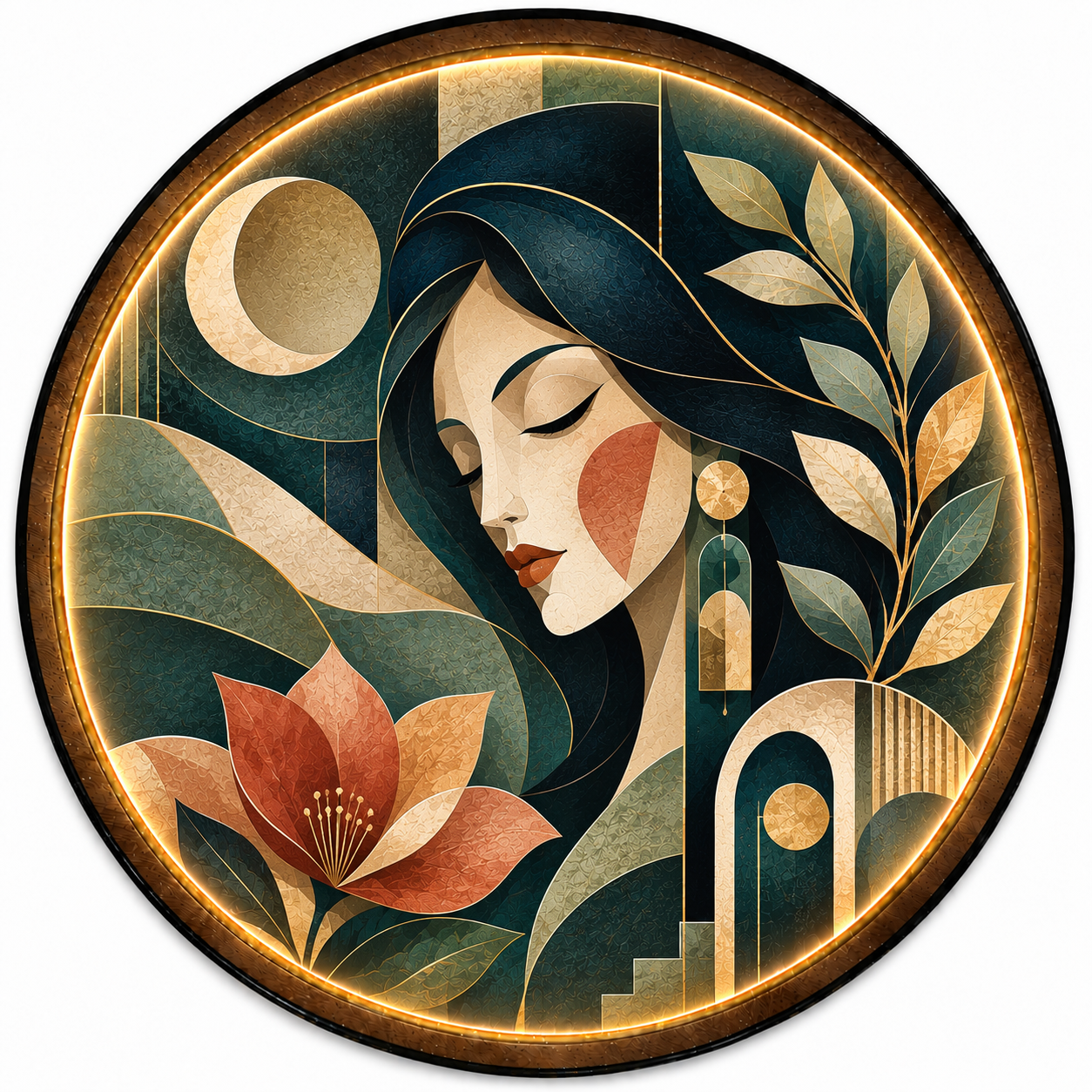 Emerald Muse LED Wall Art – Art Deco Botanical Portrait