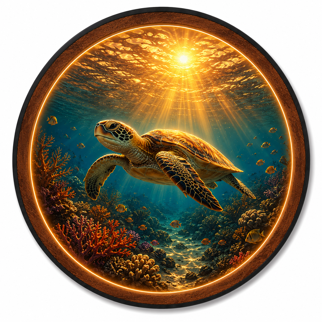Ocean Sea Turtle LED Wall Art – Coastal Sunset Round Illuminated Decor