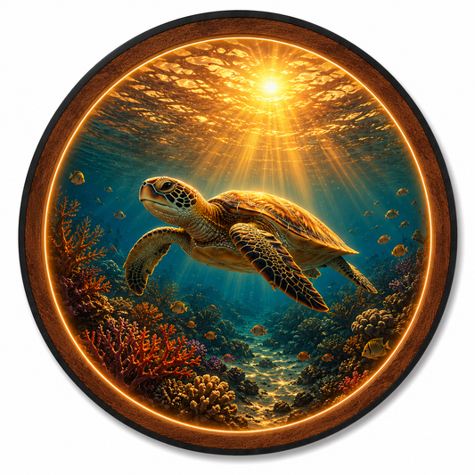 Ocean Sea Turtle LED Wall Art – Coastal Sunset Round Illuminated Decor
