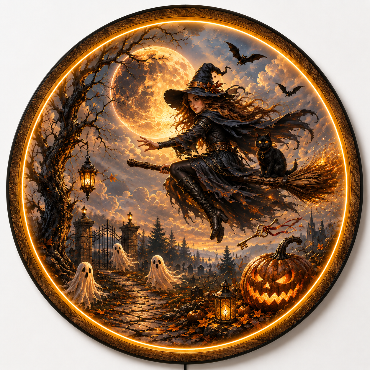 Witching Hour Flight LED Wall Art – Witch, Black Cat & Halloween Decor