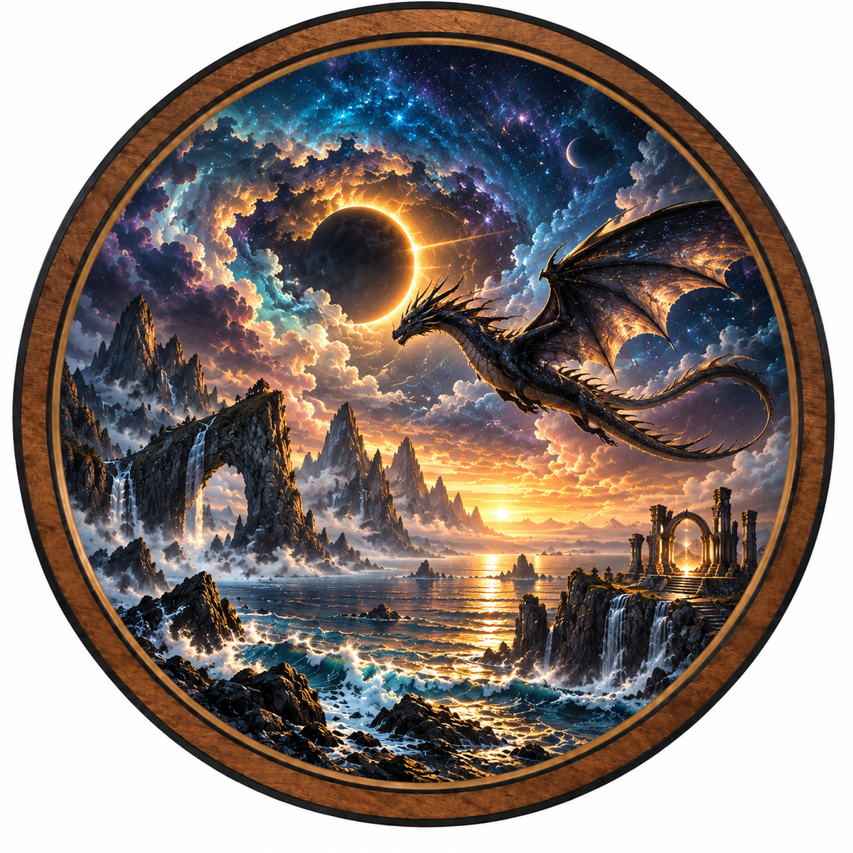 Celestial Dragon Eclipse Ocean Circular LED Wall Art