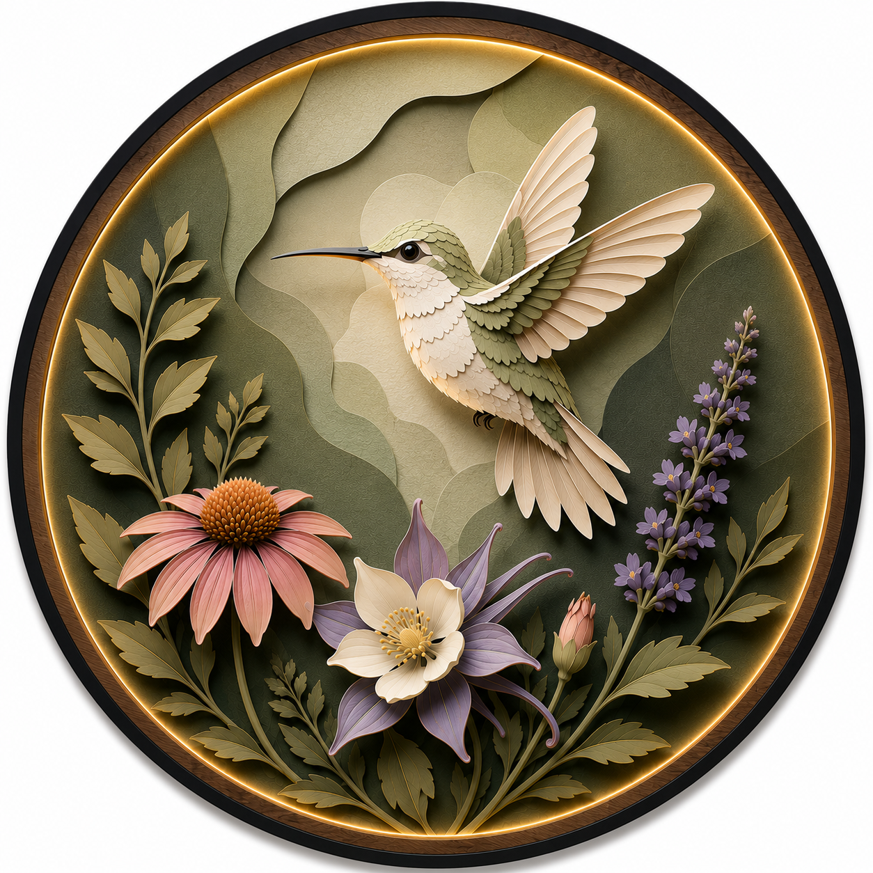 Hummingbird Bloom LED Wall Art – Round Nature Lighted Wall Decor