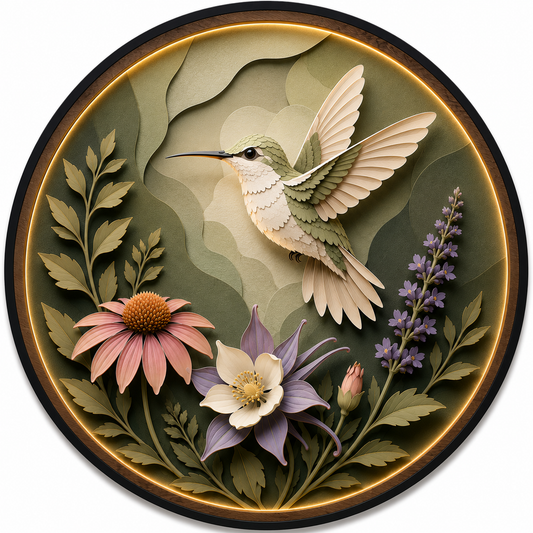 Hummingbird Bloom LED Wall Art – Round Nature Lighted Wall Decor