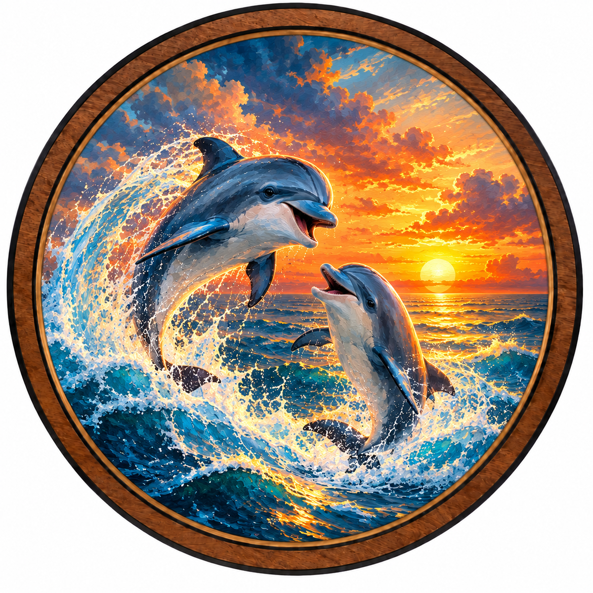 Dolphin Sunset Ocean Waves Circular LED Wall Art