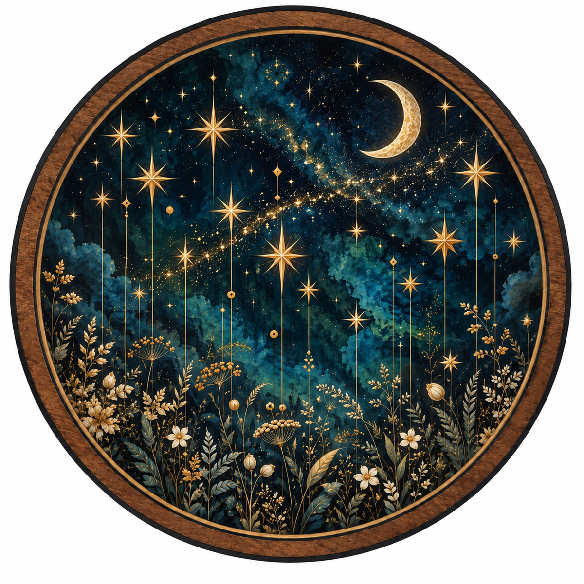 Celestial Wildflower – Golden Moon & Stars LED Wall Art