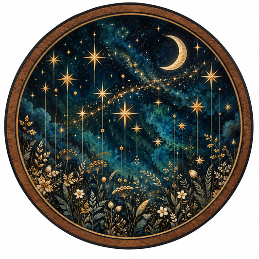 Celestial Wildflower – Golden Moon & Stars LED Wall Art