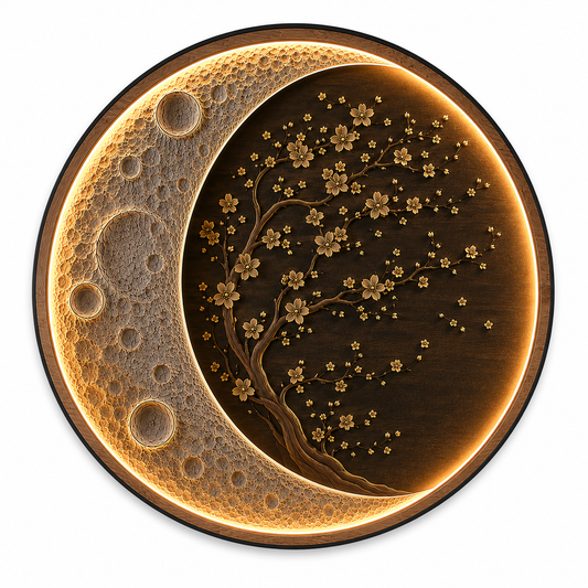 Moon Blossom LED Wall Art | Round Illuminated Moon & Cherry Blossom Wall Decor with Remote | Warm Ambient Light