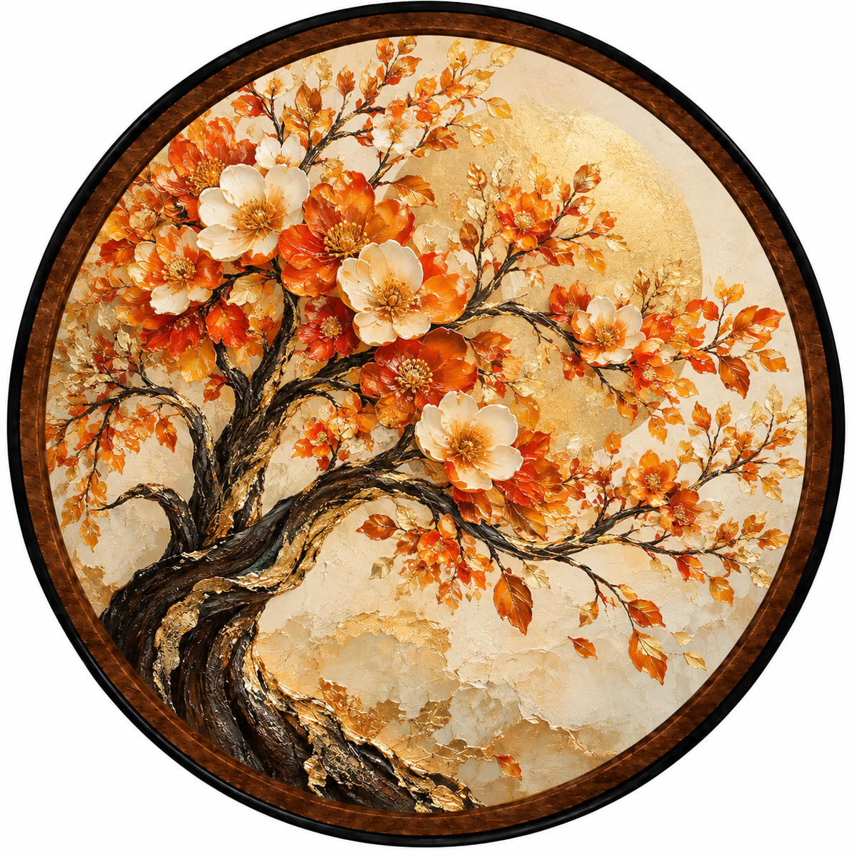 Orange & Ivory Floral Tree with Gold Moon  – Handcrafted LED Wall Art