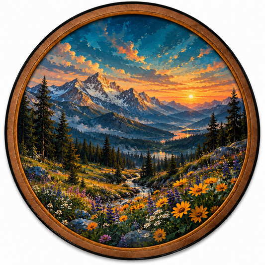 Alpine Wildflower Sunset Mountain Circular LED Wall Art