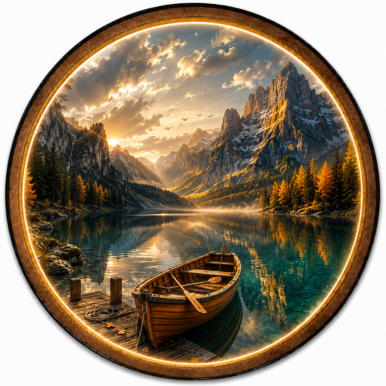 Alpine Serenity LED Wall Art – Illuminated Mountain Lake Boat Landscape Decor