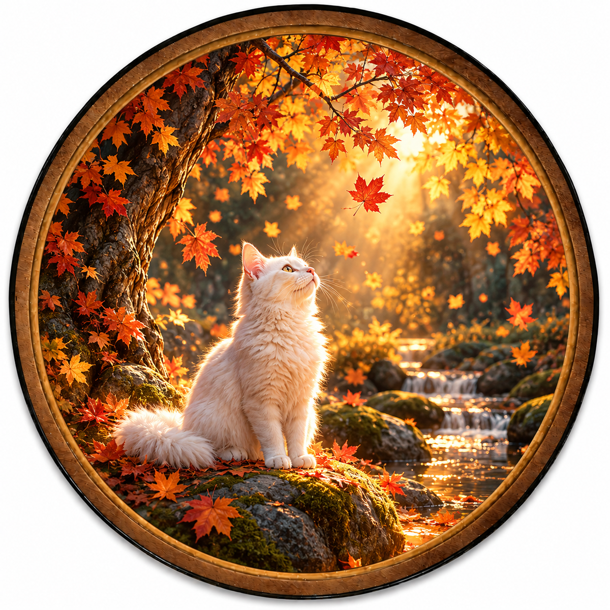 White Cat Autumn Forest Circular LED Wall Art