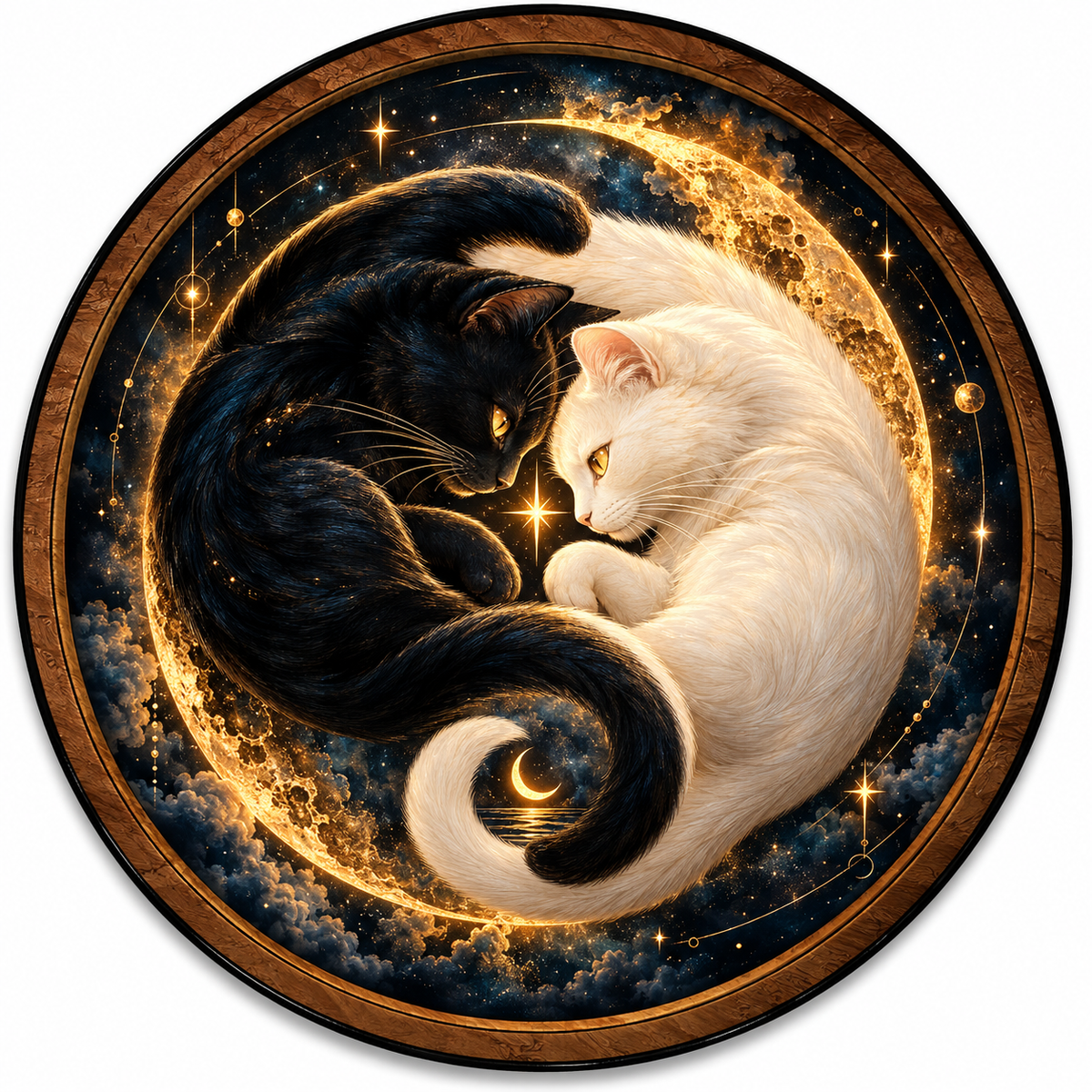 Celestial Cats Golden Eclipse LED Wall Art – Black & White Cat Decor