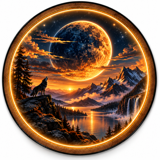 Lunar Wolf LED Wall Art – Moonlit Mountain Wilderness Decor