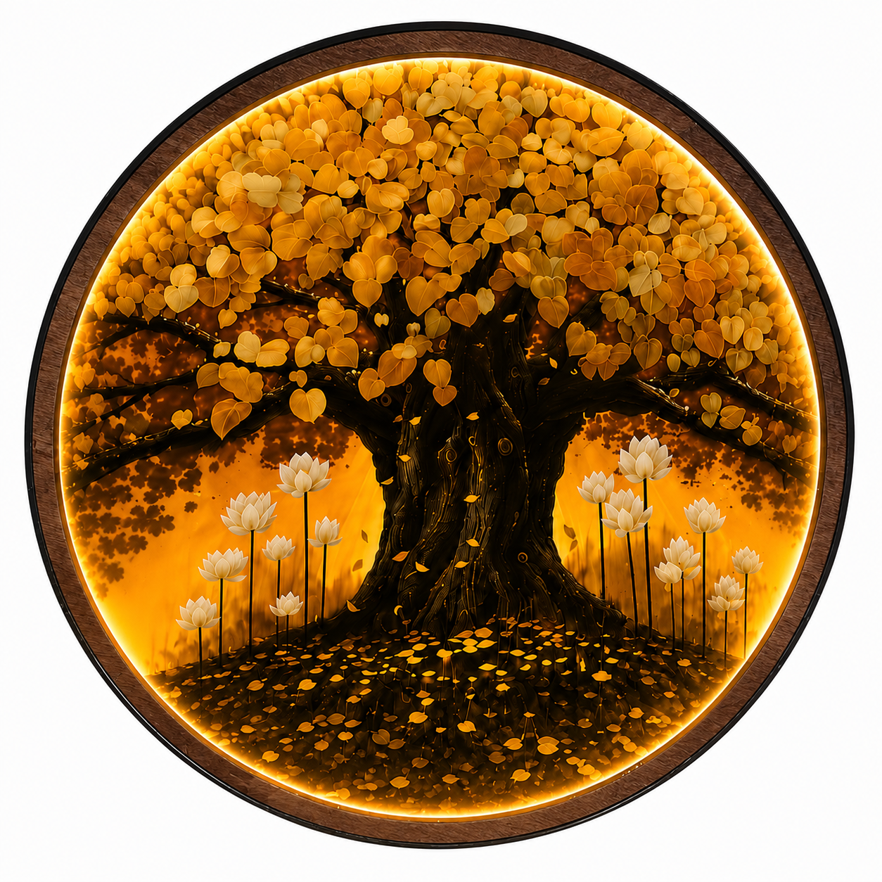 Golden Tree of Life LED Wall Art - Round Wooden Wall Decor with Lotus Flowers & Backlit LED