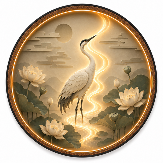 Lotus Serenity Crane LED Wall Art – Round Zen Wooden Light Decor