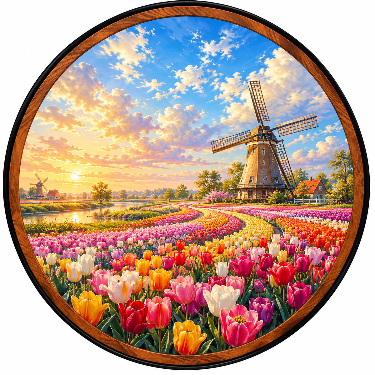 Tulip Fields at Sunset – Handcrafted Round LED Wall Art
