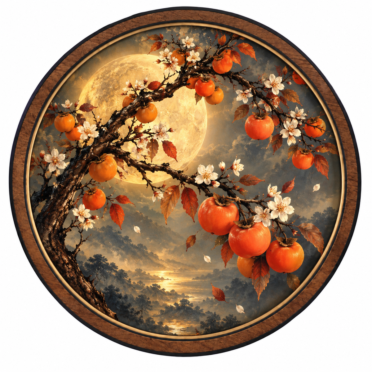 Golden Harvest Moon LED Wall Art – Autumn Persimmon Tree Decor
