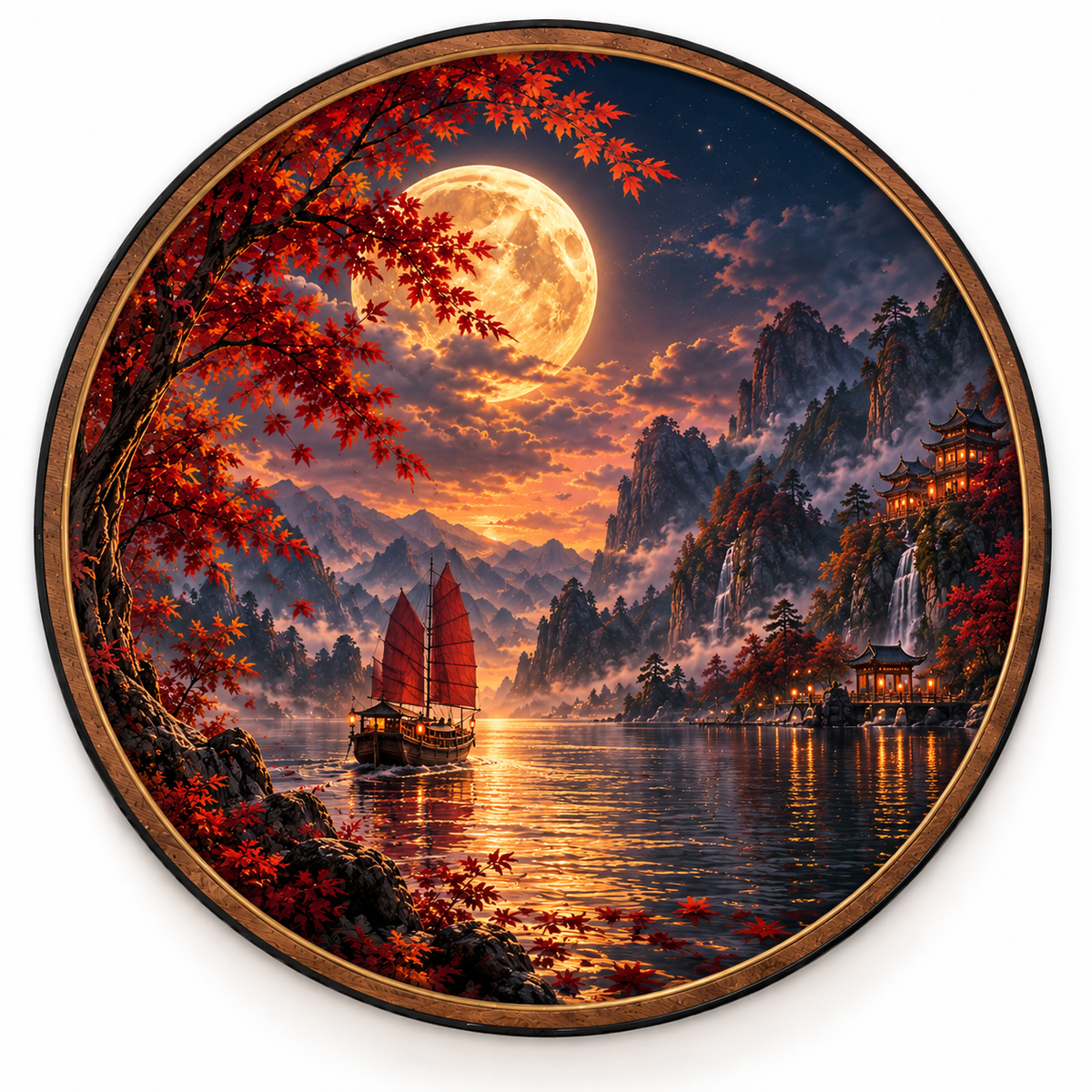 Golden Moon Red Maple Mountain Lake Circular LED Wall Art