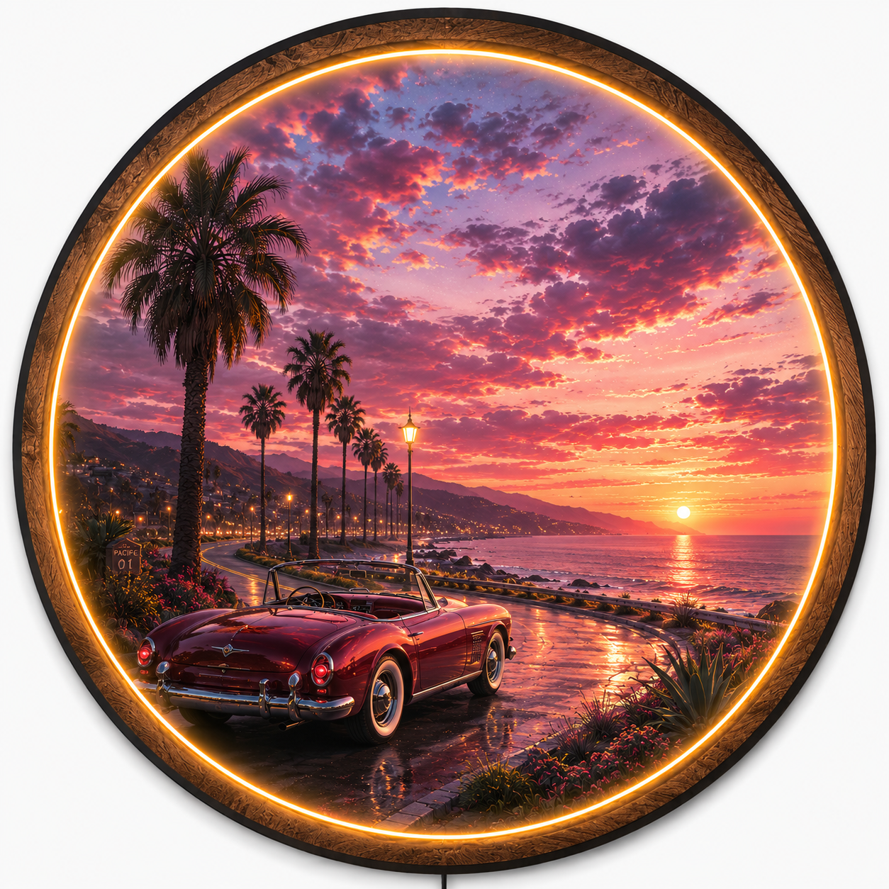 Pacific Sunset Drive LED Wall Art – Classic Car Coastal Decor