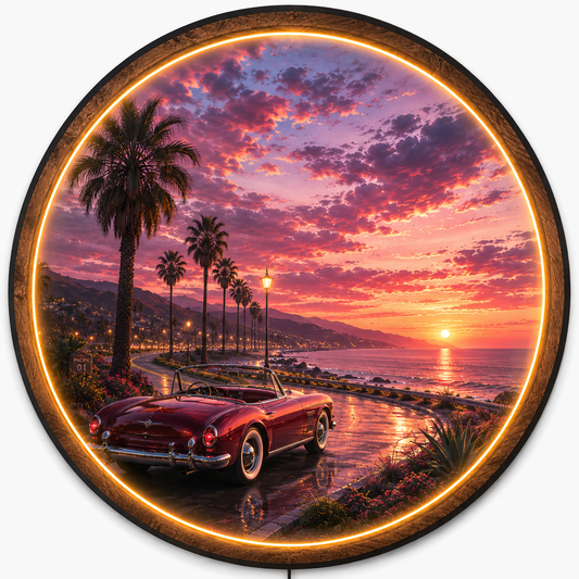 Pacific Sunset Drive LED Wall Art – Classic Car Coastal Decor