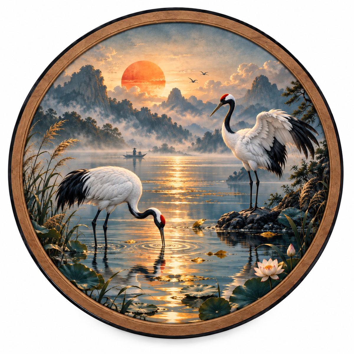 Red-Crowned Crane Sunset LED Wall Art – Serene Mountain Lake