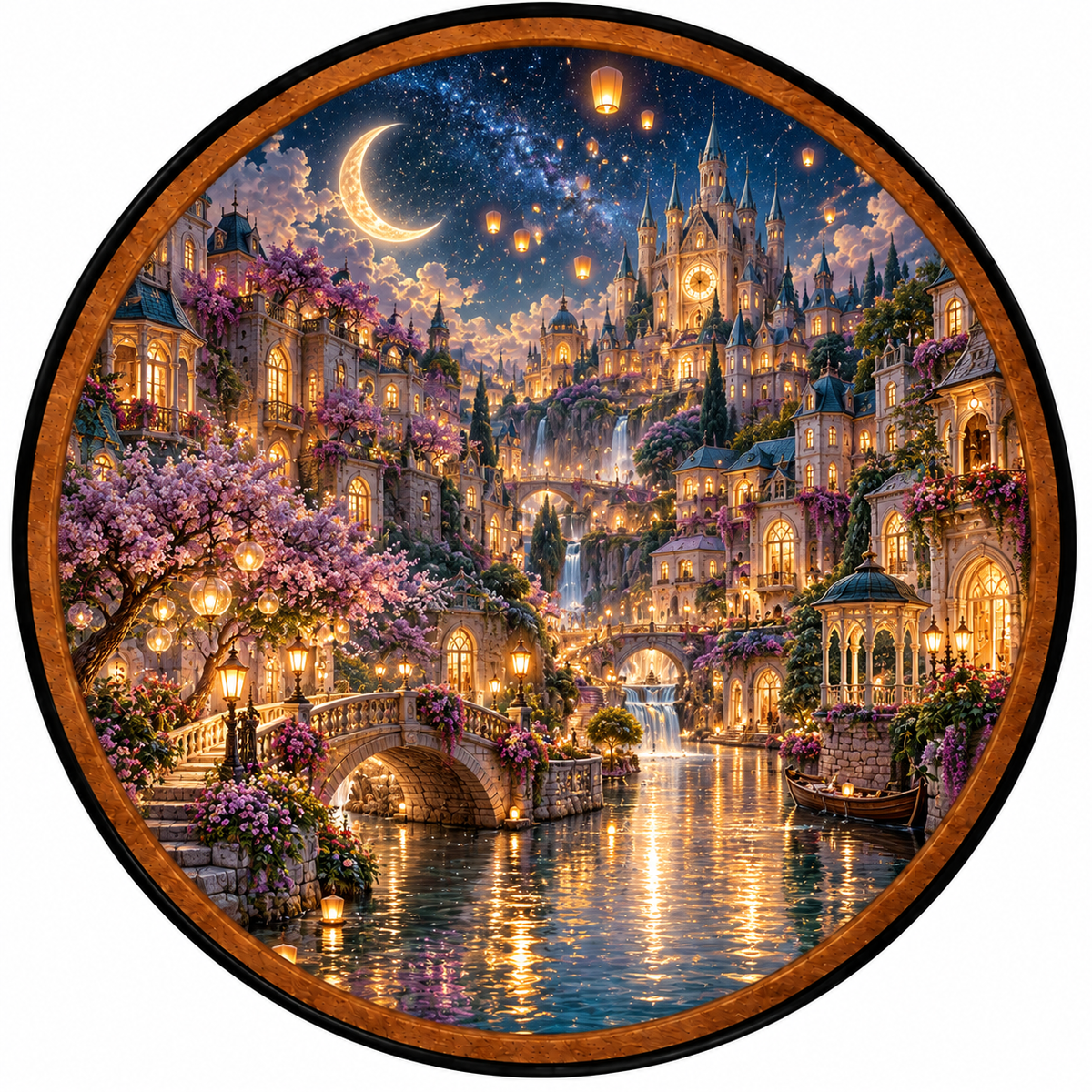 Enchanted Moonlight Kingdom – Handcrafted Round LED Wall Art