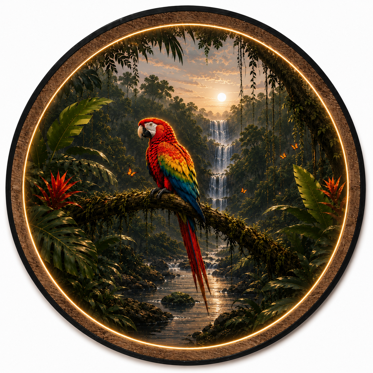 Tropical Macaw LED Wall Art – Rainforest Waterfall Lighted Decor