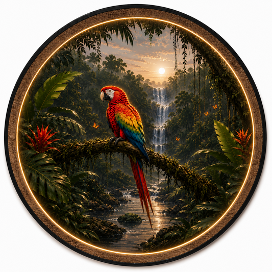 Tropical Macaw LED Wall Art – Rainforest Waterfall Lighted Decor