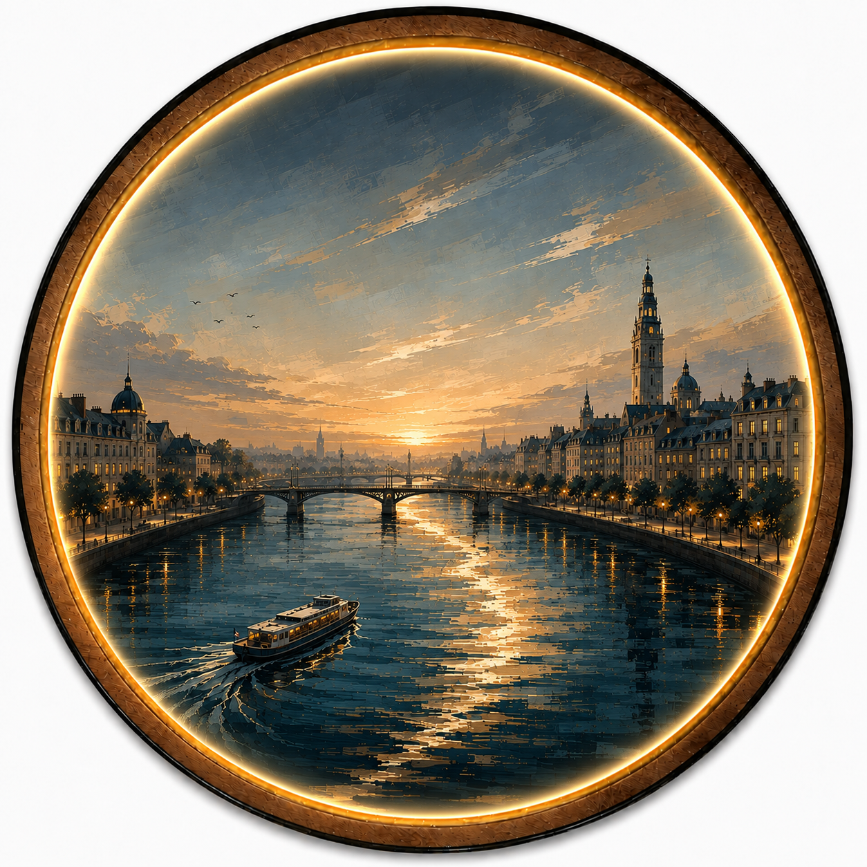 Golden Riverside European Cityscape LED Wall Art
