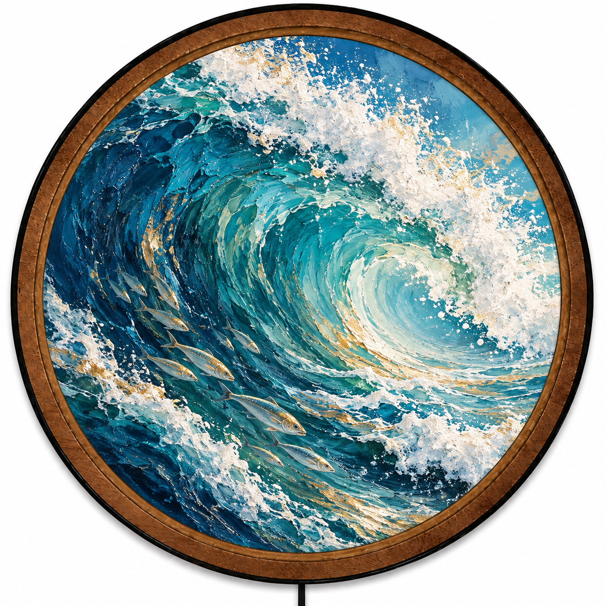 Handcrafted Ocean Wave LED Wall Art – Turquoise Barrel Wave & Silver Fish, Coastal Beach House Wall Decor