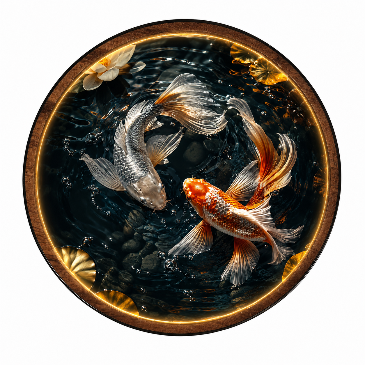 Yin Yang Koi Fish LED Wall Art | Round Illuminated Zen Wall Decor with Remote | Warm Ambient Light