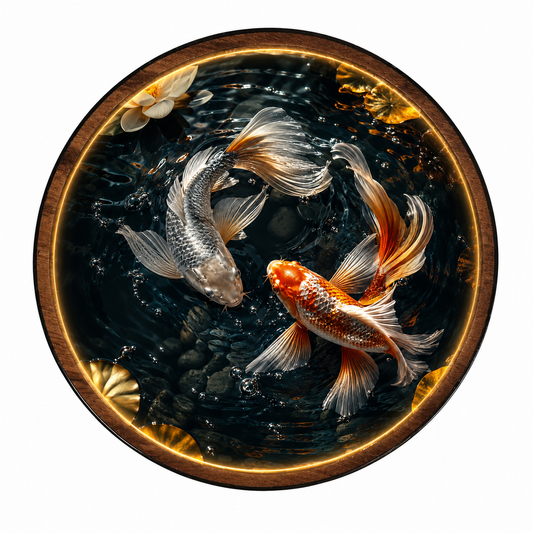 Yin Yang Koi Fish LED Wall Art | Round Illuminated Zen Wall Decor with Remote | Warm Ambient Light