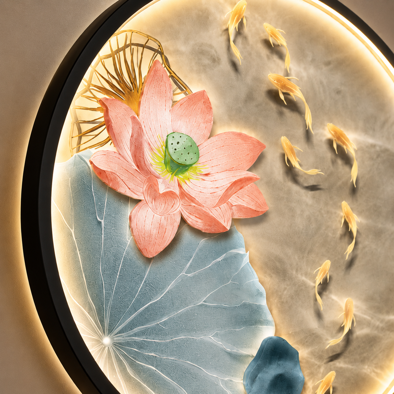 Round LED Wall Art – Lotus & Koi Fish Illuminated Canvas, New Chinese Style Backlit Wall Decor