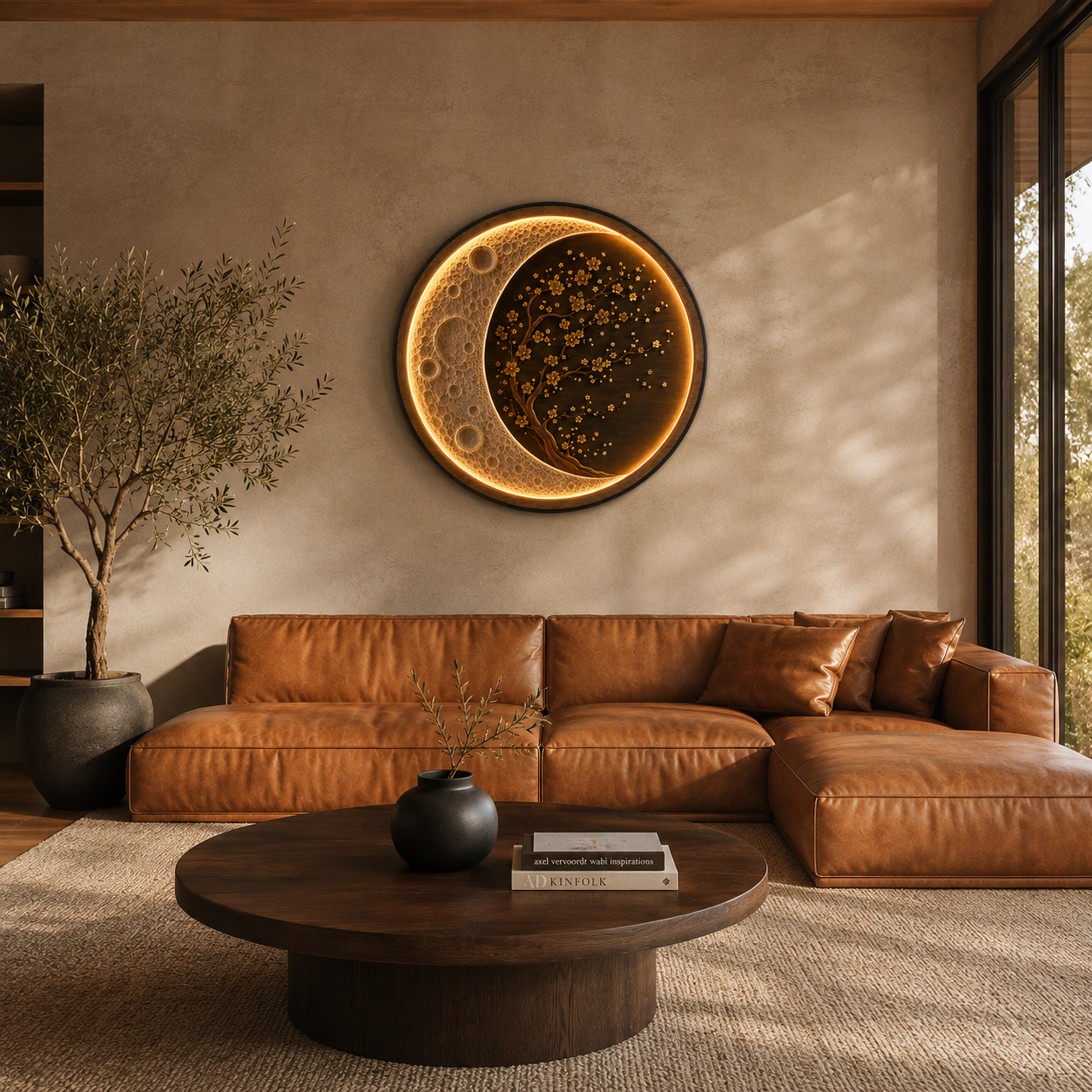 Moon Blossom LED Wall Art | Round Illuminated Moon & Cherry Blossom Wall Decor with Remote | Warm Ambient Light