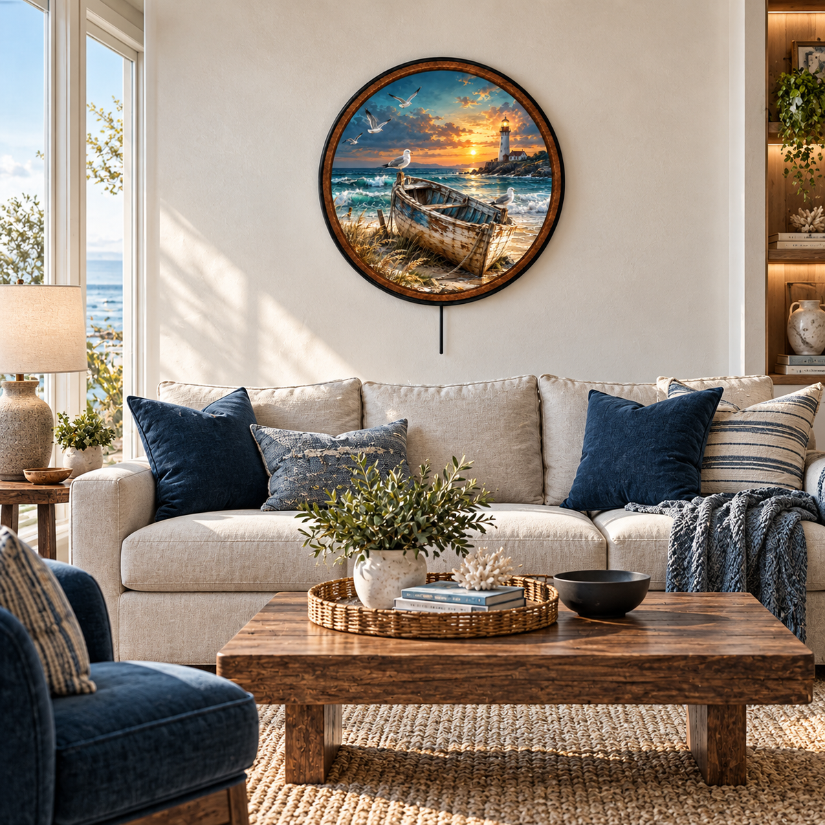 Coastal Lighthouse – Handcrafted LED Wall Art | Nautical Sunset Decor