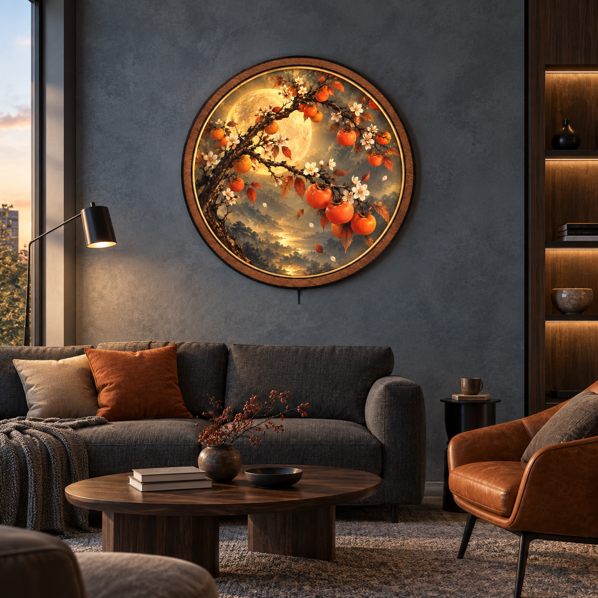 Golden Harvest Moon LED Wall Art – Autumn Persimmon Tree Decor
