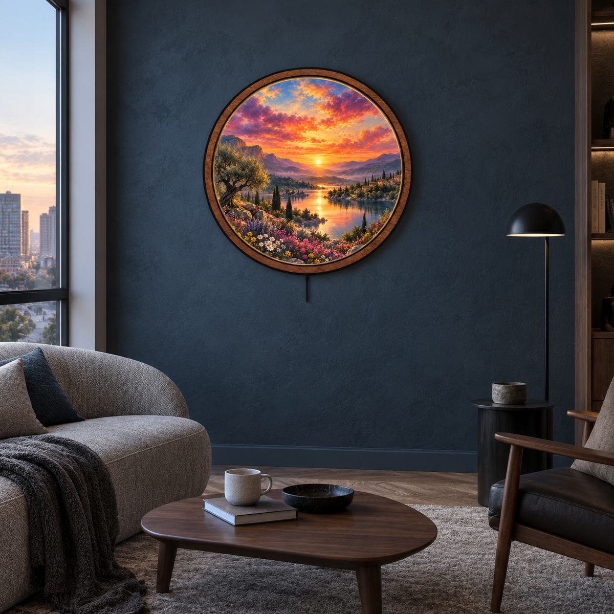 Golden Valley Sunset LED Wall Art – Mediterranean Lake Landscape