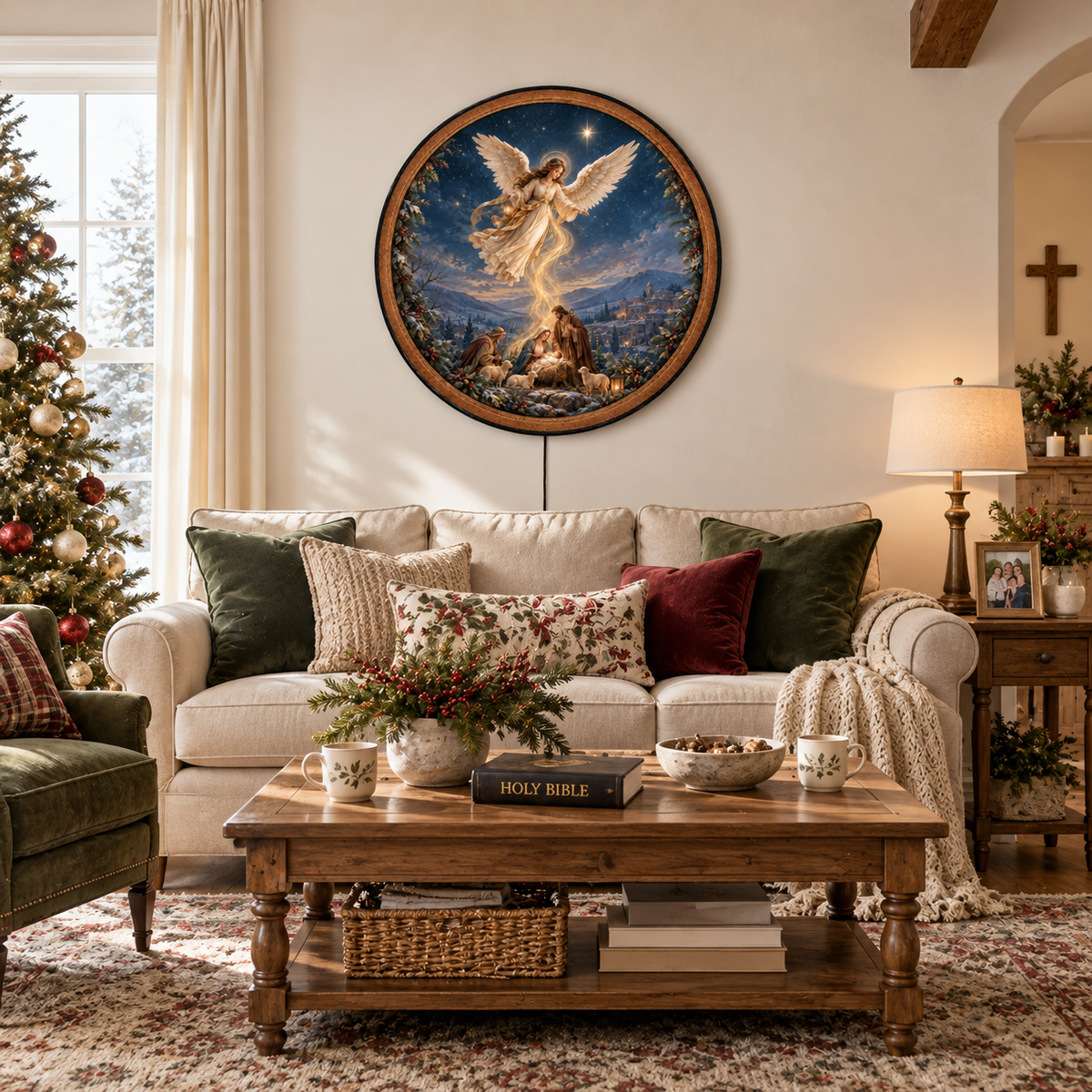 Handcrafted Nativity Scene LED Wall Art – Guardian Angel & Holy Family Christmas