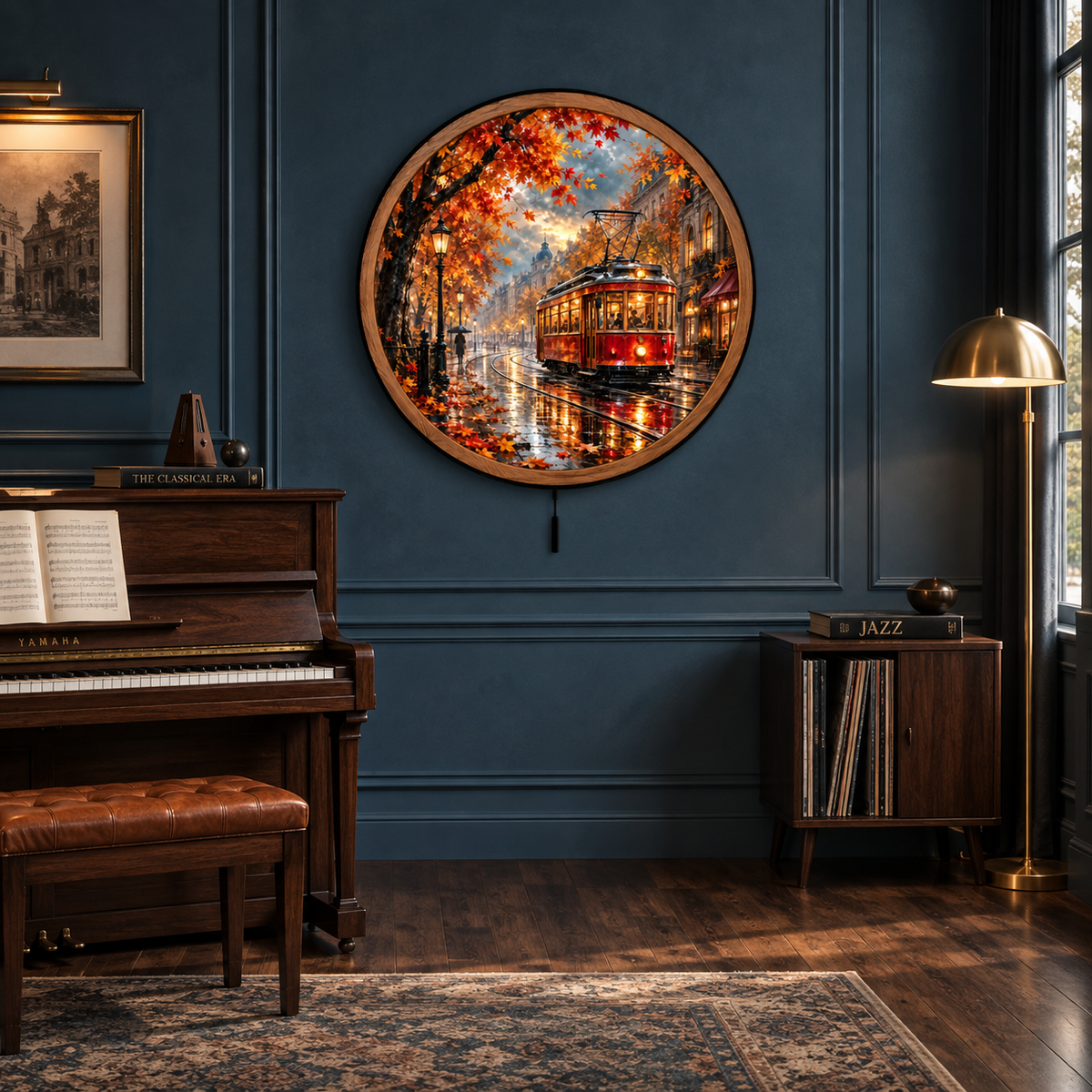 Autumn Tram Glow LED Wall Art – Rainy City Street Decor