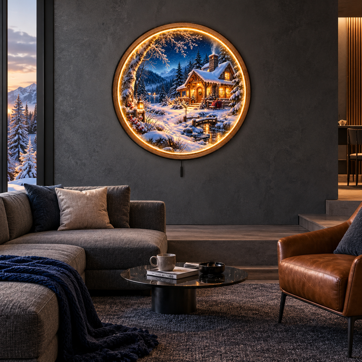 Winter Cabin Glow LED Wall Art – Cozy Snowy Mountain Retreat